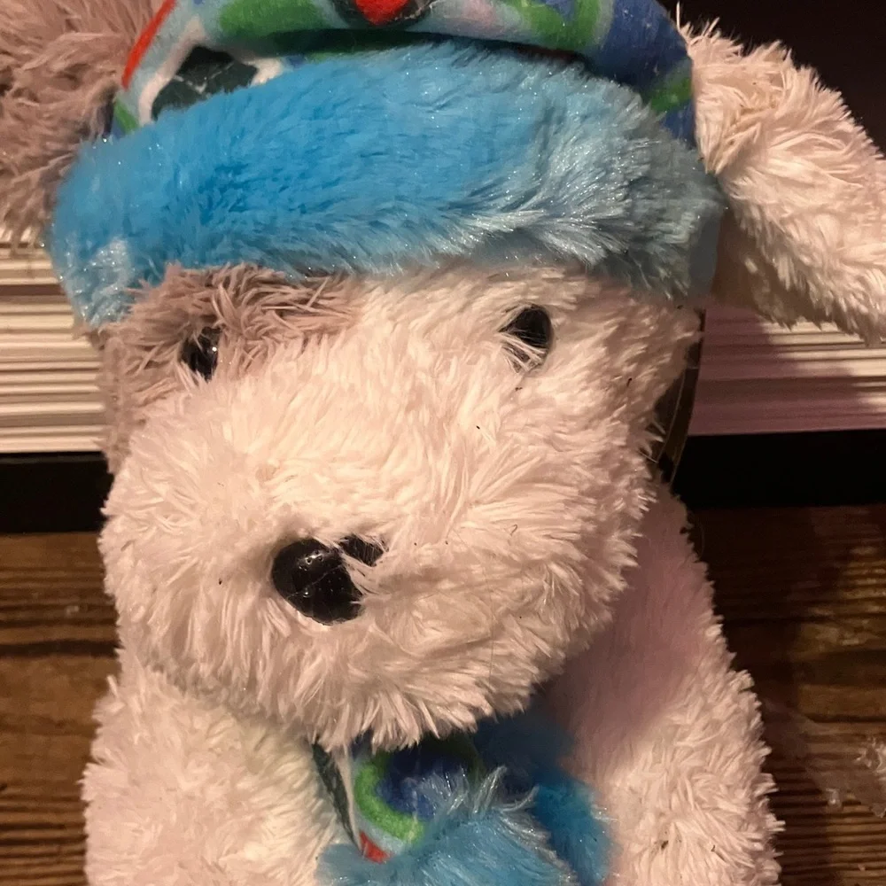 Cozy Plush Dog Toy with Blue Hat and Scarf